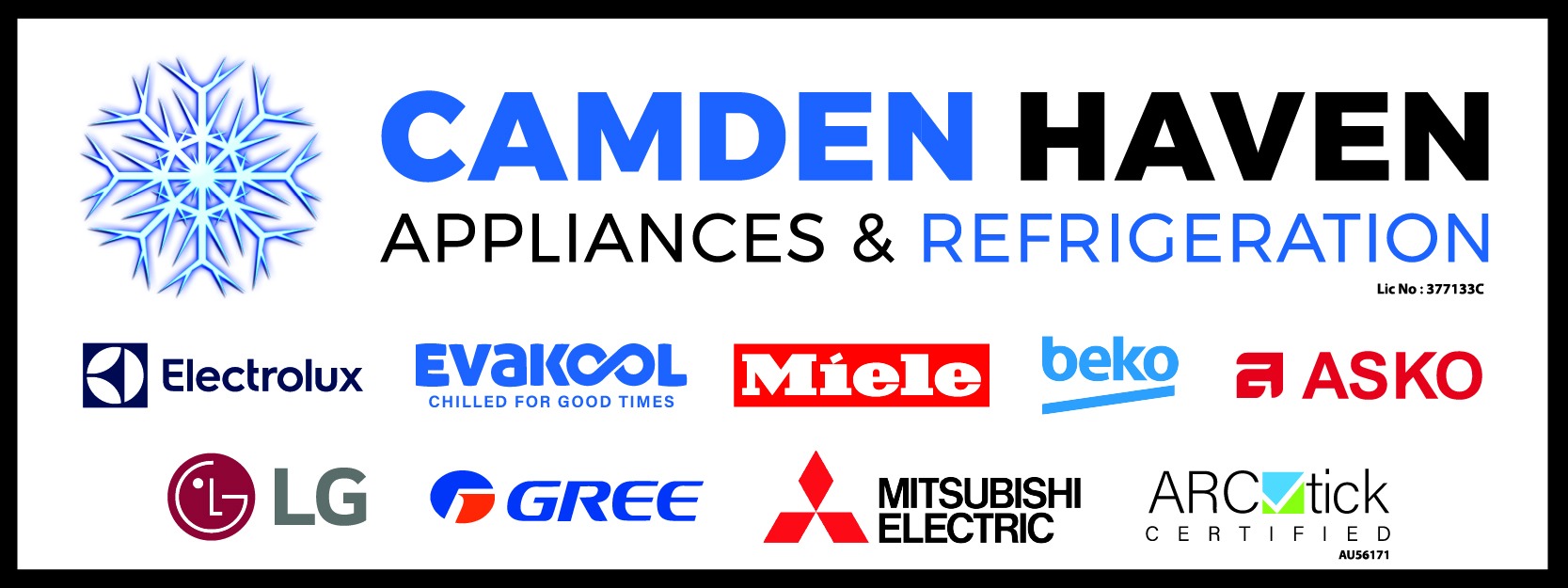 Camden Haven Appliances and Refrigeration signage listing licence numbers and the brands serviced